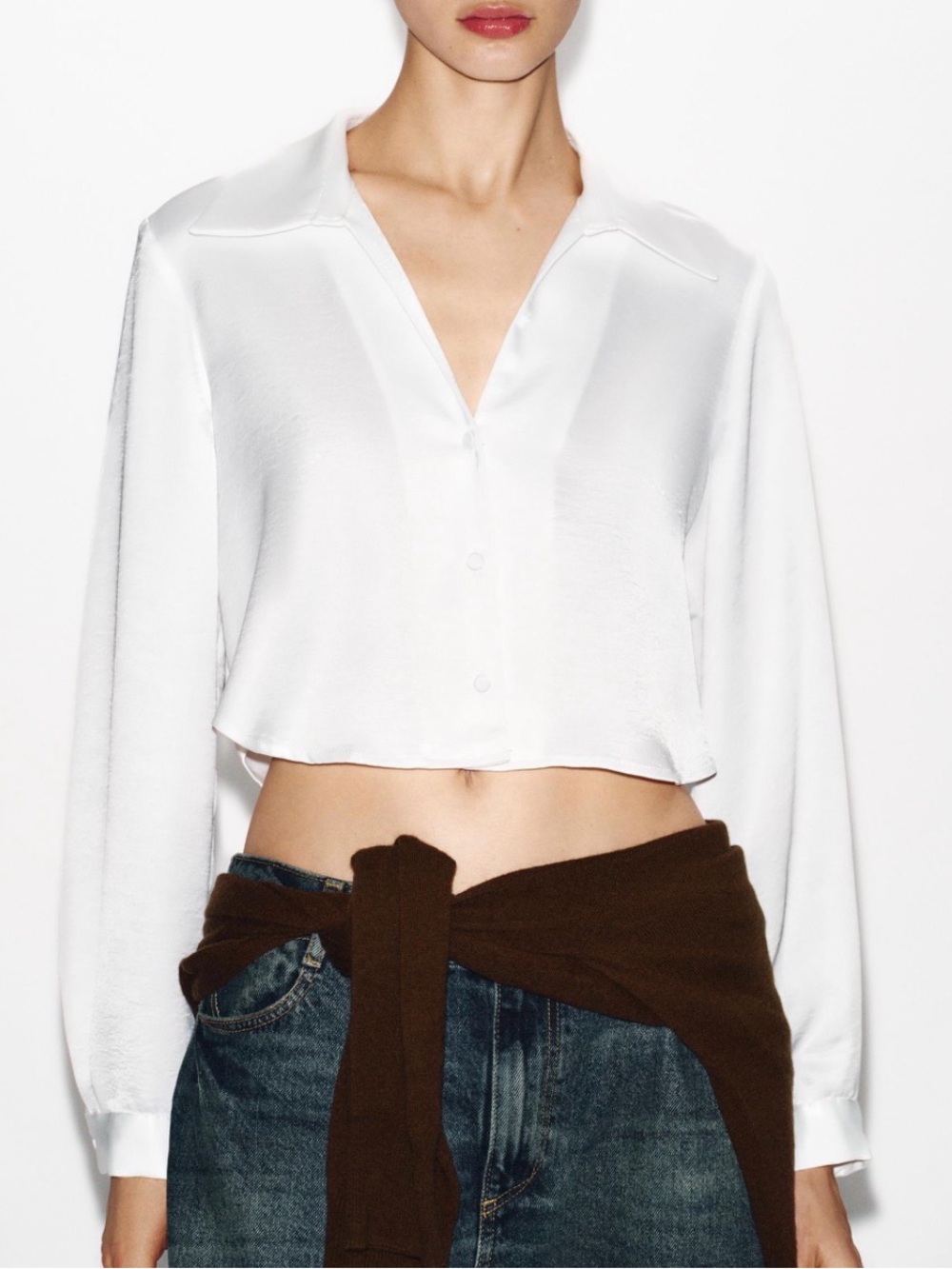 Zara Cropped Satin Effect Button-up Shirt